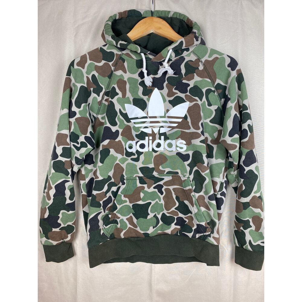 Adidas Logo Green Camouflage Hoodie Sweatshirt Mens sz Small Camo Pullover
